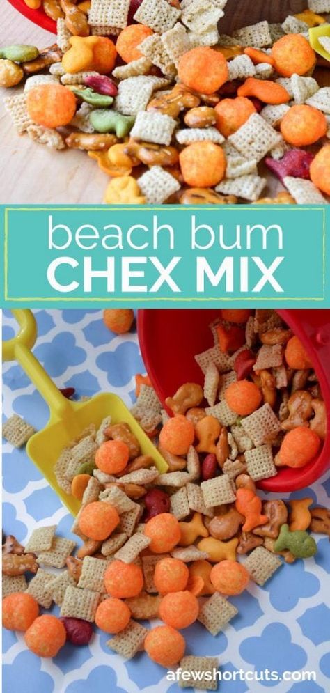 Heading to the beach or planning a shark week party? Stir up some of this yummy beach bum chex mix recipe! | @AFewShortcuts #recipes #summer #snacks #kidfood Beach Party Snacks, Beach Day Food, Beach Party Food, Boat Snacks, Pool Snacks, Shark Week Party, Chex Mix Recipe, Theme Snack, Beach Snacks