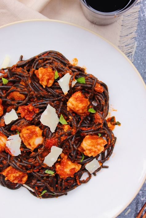 Spicy Arrabbiata Squid Ink Pasta with Shrimp Squid Ink Pasta Sauce, Squid Ink Spaghetti, Dinner Date Recipes, Cuban Spanish, Ink Pasta, Kitchenaid Pasta, Pasta With Shrimp, Squid Ink Pasta, Make Your Own Pasta