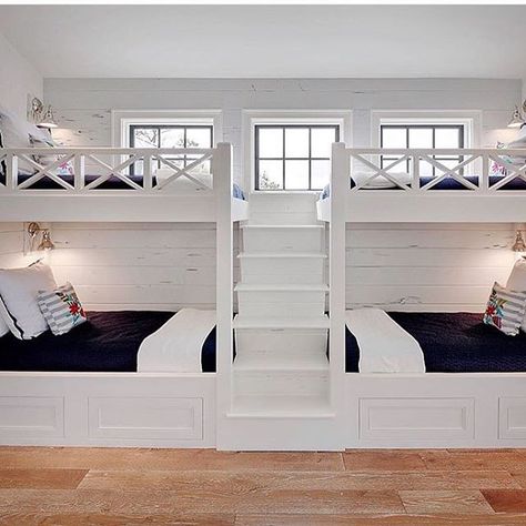 How amazing is this bunk bed room by @oldseagrovehomes. I mean seriously?? If I was building a house again we would definitely have one (and may- sooner than I thought:)) Modern Lake House Bedroom, Lake House Bedroom Ideas, Lakehouse Bedroom, Bunk Bed Rooms, Kids Room Curtains, Lake House Bedroom, House Bedroom Ideas, Modern Bunk Beds, Bunk Beds Built In