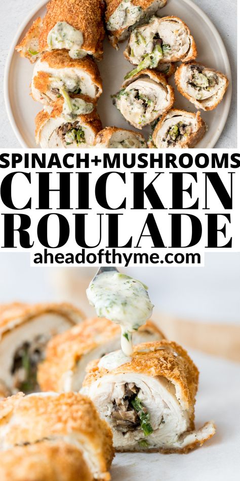 Rolled Stuffed Chicken Breast, Chicken Breast Rolls, Chicken Roulade Recipe, Chicken Spinach Mushroom, Chicken Rollups, Chicken Roulade, Roulade Recipe, Creamy Alfredo Sauce, Chicken Roll Ups