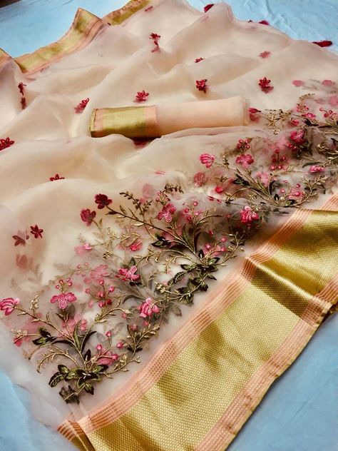 Organza Silk Saree RajYog-Organza Peach Color Saree, Wedding Sari, Silk Weaving, Organza Silk Saree, Dress Neck, Product Shoot, Weaving Designs, Saree Models, Embroidery Saree