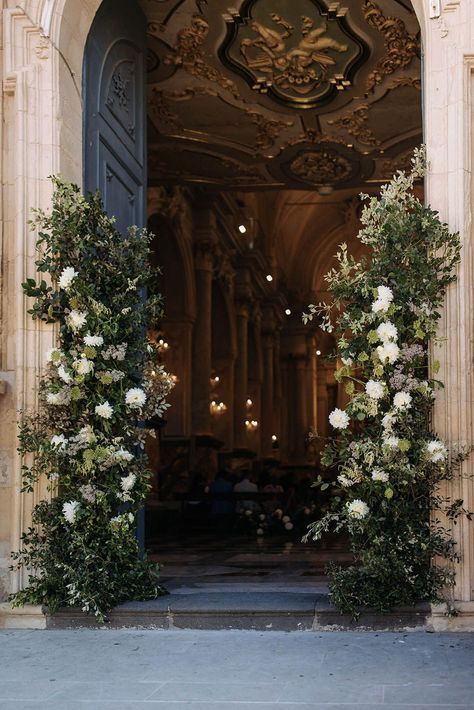 foliage and white column flower at church entrance Entrance Flowers Wedding, Entrance Flowers, Jane Hill Bridal, Entrance Wedding, Church Entrance, Rose Wedding Dress, Jane Hill, White Flower Arrangements, Wedding Entrance Decor