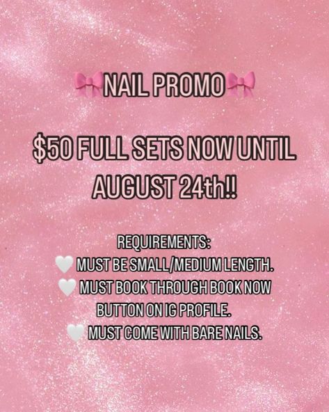 Hey girlies!! The $50 full set promotion is still going on until August 24th! Share this with anybody you know who needs their nails done!🩷🎀 Come see me @the.nail.lounge.powdersville 🩷 • • • #nails #nailart #acrylic #promotion #nailpromotion #nailtech #licensed #creator #service #shortnails #mediumnails #nailsnailsnails #acceptingnewclients Come See Me, Nails Done, Nail Technician, Come And See, See Me, Nails Nailart, Nail Tech, How To Do Nails, Short Nails