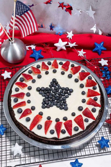 Red White And Blue Patriotic Brownie Fruit Pizza | ©GarrisonStreetEats | Patriotic | Red | White | Blue | Brownie | Fruit Pizza | Chocolate | Flag | Star | Stripes | Summer | Recipe | Fruits | Blueberry | Strawberry | Red White & Blue | 4th of July | USA | Independence Day | America | July 4th | Fun | Berry | Easy | Cream Cheese | Buttercream | Frosting | Round | Desserts | 4th of July Food | American Flag | Fruit Pizza with Chocolate | Chocolate Brownie Fruit Pizza | Dessert Pizza | Designs Round Desserts, Brownie Fruit Pizza, American Flag Fruit Pizza, Desserts 4th Of July, Fruit Pizza Dessert, Flag Fruit Pizza, Patriotic Fruit Pizza, Dessert Pizza Fruit, Pizza Dessert