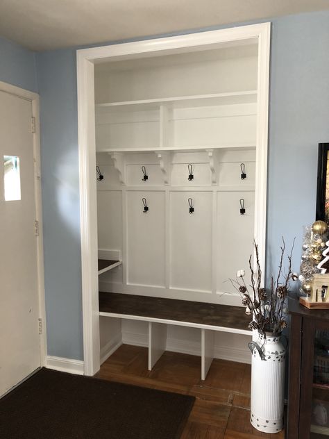 Closet Turned Into Mudroom, Front Closet Makeover, Hallway Closet Makeover, Closet Turned Mudroom, Entry Closet Ideas, Entry Closet Makeover, Closet Cubbies, Functional Closet, Closet Wallpaper