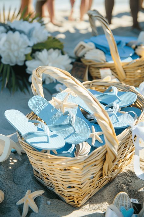 Simple Beach Wedding Ideas Decor, Beach Wedding Decor Ideas, 50 Wedding Anniversary Centerpieces, Wedding Entry Table, Beach Theme Wedding Reception, Beach Wedding Flip Flops, Budget Beach Wedding, Flip Flop Basket, Small Beach Weddings