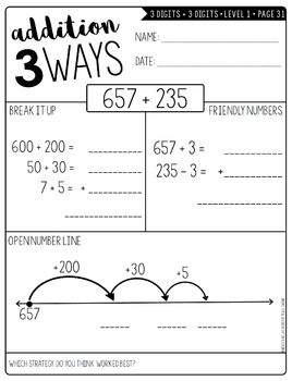 Addition 3 Ways. Perfect for teaching alternative strategies for adding multi-digit numbers. grades 2nd, 3rd, and 4th. Three different levels for differentiation and release of responsibility. Multi Digit Addition Anchor Chart, Adding 3 Digit Numbers Anchor Chart, Addition 3rd Grade, Multi Digit Addition, Addition Strategies, Subtraction Strategies, Number Talks, Maths Ideas, Eureka Math