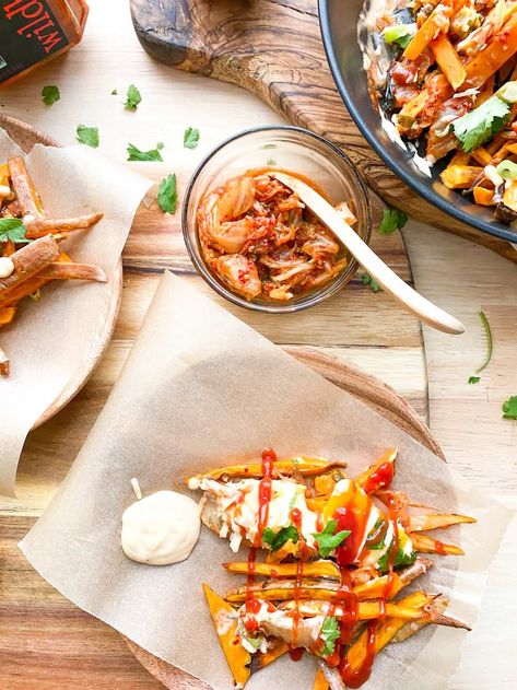 Sweet Potato Kimchi fries - Eat.Drink.Pure Kimchi Fries Recipe, Kimchi Fries, Healthy Ramadan Recipes, Making Sweet Potato Fries, Granola Bites, Sour Soup, Fries Recipe, Dinner Side Dishes, Ramadan Recipes