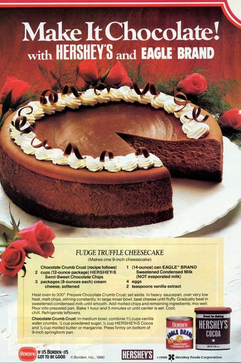 A classic chocolate fudge truffle cheesecake recipe - #vintagerecipes #vintagedesserts #cheesecake #cheesecakerecipe #chocolatecheesecake #hersheys #classicdesserts #clickamericana Truffle Cheesecake, Classic Chocolate Fudge, Hershey Recipes, Chocolate Crumbs, Cheesecake Recipes Classic, Chocolate Cheesecake Recipes, Eagle Brand, Monkey Bread, Retro Ads