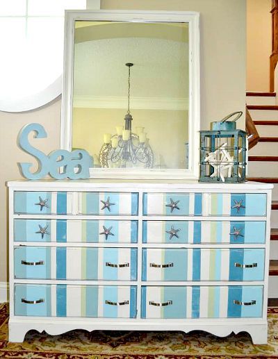 Paint a Dresser Blue for a Beachy Vibe! 8 Ideas: http://www.completely-coastal.com/2011/08/paint-dresser-blue-7-makeovers-with.html                                                                                                                                                                                 More Dresser Makeover Ideas, Striped Dresser, Beachy Furniture, Coastal Dresser, Decor Marin, Diy Furniture Makeover Ideas, Nautical Furniture, Chair Photography, Dresser Ideas