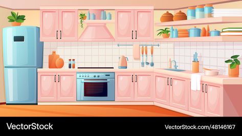 Cozy Illustration, Empty Apartment, Kitchen Cartoon, Retro Fridge, Cartoon House, House Room, Household Appliances, A Kitchen, Kitchen Interior