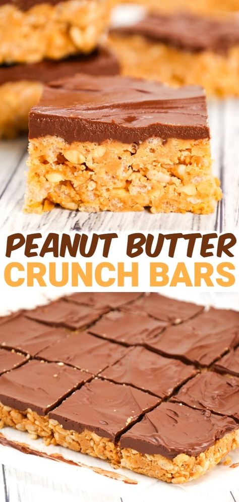 No Bake Peanut Butter Crunch Bars, Desserts With Crunchy Peanut Butter, Peanut Crunch Bars, Peanut Butter Krispy Treats, Healthy No Bake Chocolate Peanut Butter Crunch Bars, Crispy Crunch Bars, Chocolate And Peanut Butter Crispy Bars, Homemade Peanut Butter Twix Bars, Crispy Fudge Rice Krispies