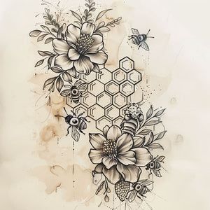 Floral Tattoo Design With Bee, Floral Skull Half Sleeve Tattoo, Tattoo Idea Sleeve Female, Half Sleeve Inspiration, Collar Bone Tattoo Drawings, Sunflower Tattoo Add On, Subtle Sleeve Tattoos For Women, Large Carnation Tattoo, Ocean Tattoos Thigh For Women