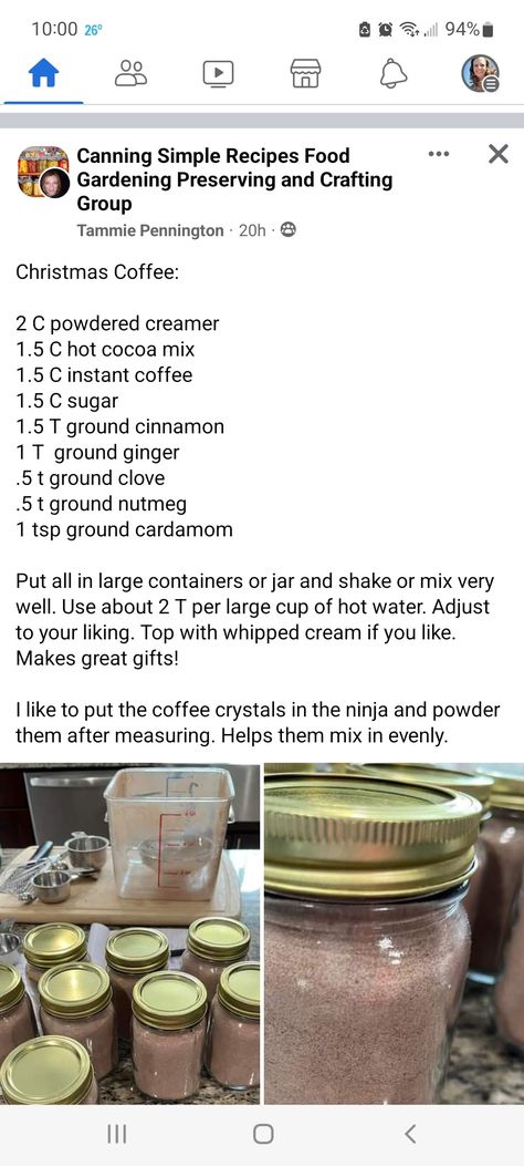 Instant Christmas Coffee, Dry Coffee Mix Recipes, Christmas Coffee Mix Recipe, Homemade Hot Drink Mixes, Instant Coffee Mix Recipes, Dry Drink Mix Recipes, Diy Powdered Coffee Creamer, Fireside Coffee Mix Recipe, Christmas Coffee Recipe