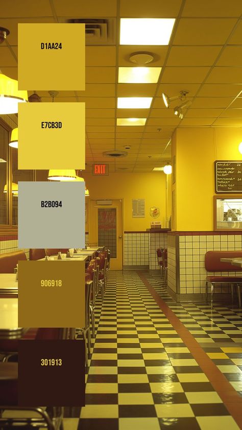 Colors:
D1AA24 ° E7CB3D ° B2B094 ° 906918 ° 301913 Diner Interior, Checkerboard Floor, Service Area, Color Palette Yellow, Color Schemes Colour Palettes, Warm Yellow, Overhead Lighting, Yellow Tones, Pendant Lamps