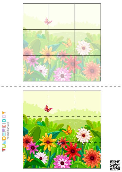 Simple puzzle game for the smallest students of 1–3 years old. The game improves fine motor skills, spatial thinking ability, and attention to details. The task is to put 9 puzzle pieces together and get a colorful spring picture. Print puzzle activity for free and cut out bright puzzle pictures along the dotted line. On the top of each page, you can find a sample picture that will help a child while doing a puzzle. Mix puzzle elements and ask a child to combine all the pieces into the picture. Puzzle Activity, Spring Puzzles Free Printable, Flower Matching Game, Children Puzzle, Spring Puzzle, Bug Puzzles Free Printable, Animals Puzzle Worksheet, Butterfly Puzzle, Preschool Puzzles