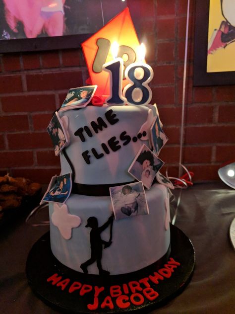 My sons 18th Birthday cake.  Theme "how time flies " 18th Birthday Photoshoot Ideas Boys, 18th Birthday Cake For Guys Men, Birthday Cake For 18th Birthday Boy, 17th Birthday Cake Boy, Sons 18th Birthday, 18th Birthday Cake Boys, 18th Birthday Cake For Guys, 18th Birthday Cake Ideas, Boys 18th Birthday Cake