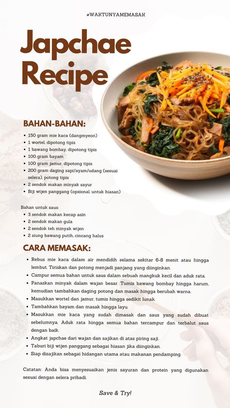 Resep simpel buat kamu yang mau coba masak japchae sendiri dirumah! #recipe #resepsimple #resepmakanan #koreanfood Japchae Recipe, Culinary Cooking, Healthy Food Menu, Food Receipt, Vegetarian Fast Food, Cooking Recipes Healthy, Healthy Homemade Recipes, Healthy Clean Eating, Healthy Sweets Recipes