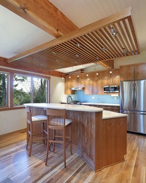 unique lighting ideas for kitchen | Elegant Kitchen Designs Design Ideas, Pictures, Remodel, and Decor Wood Slat Ceiling, Floating Ceiling, Wooden Ceiling Design, Drop Ceiling Lighting, Kitchen Lighting Design, Elegant Kitchen Design, Kitchen Contemporary, Ceiling Ideas, Dropped Ceiling