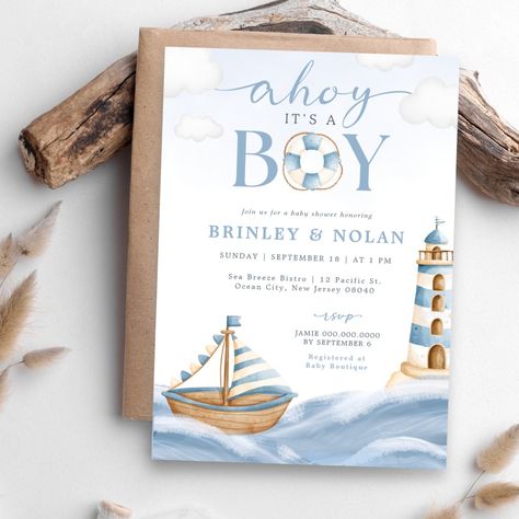 Baby Shower Nautical Theme Boy, Baby Shower Nautical, Nautical Baby Shower Invitations, Beautiful Blue Sky, Ahoy Its A Boy, Baby Shower Supplies, Fluffy Clouds, Nautical Baby Shower, Nautical Baby