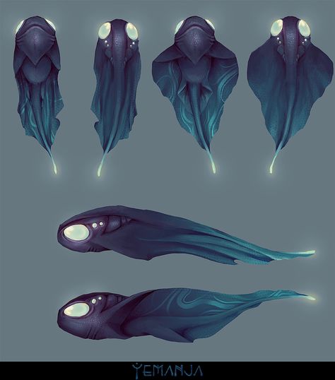 Mind Flayer Tadpole, Alien Creatures Cute, Scifi Creature Design, Fantasy Fish Concept Art, Sea Creatures Artwork, Fantasy Air Creatures, Alien Sea Creatures, Deep Sea Creatures Drawings, Sky Leviathan