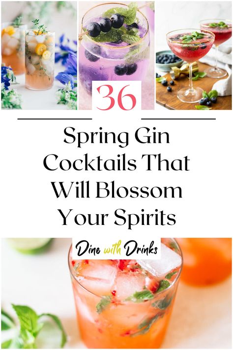 Collage of 4 spring gin cocktails. Floral Gin Cocktail, Spring Gin Cocktails, Spring Drinks Cocktails, Gin Mixed Drinks, Spring Drink Recipes, Easy Spring Cocktails, Easter Cocktails, Spring Drink, Spring Cocktails Recipes