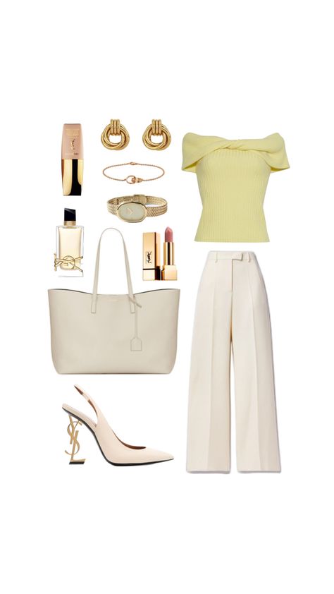 Summer outfit ideas 2024, saint Lauren 2024, saint Lauren fragrance, saint Lauren cosmetics, saint Lauren beige heels, beige bag, yellow trendy top, yellow top, fashion style, white pants 2024 Style White Pants, Outfit Ideas 2024, Heels Beige, Beige Heels, Beige Bag, Summer Outfit Ideas, Yellow Outfit, Trendy Top, Yellow Top