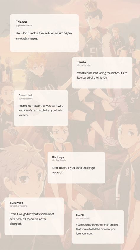 Reminder pt.1.....#reminderweekend #karasuno #advices #reminders #team #volleyball #haikyuu #anime Haikyuu Inspirational Quotes, Haikyuu Quotes Wallpaper, Haikyu Quotes, Haikyu Funny, Haikyuu Quotes, Volleyball Haikyuu, I Will Succeed, Bio Ideas, Haikyuu Funny