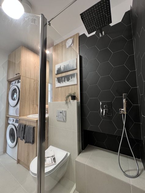 A 4.6 sqm bathroom with hexagon tiles and wood accents. Small Bathroom With Washer And Dryer, Minimal Bathroom Small, Bathroom With Washer And Dryer, Bathroom With Washer, Small Washer And Dryer, Small Narrow Bathroom, Small Full Bathroom, Minimal Bathroom, House Upgrades