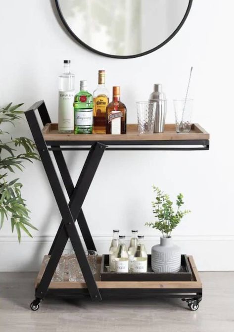 Drinks Organization, Bar Cart Inspo, Natural Office, Wood Bar Cart, Metal Bar Cart, Rolling Bar Cart, Airbnb Design, Bar Cart Styling, Small Bar