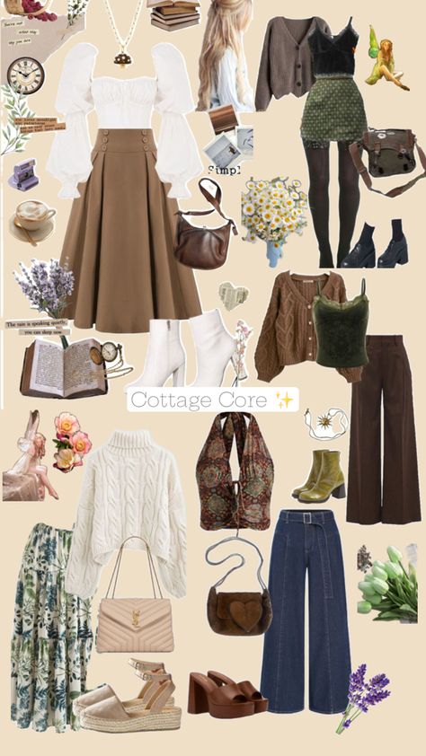 Cottage core fashion Cottage Fashion Aesthetic, Cute Core Outfit Ideas, Cottage Core Academia Outfits, Cottage Core Plus Size Outfits, Cottage Girl Outfit, Alien Core Outfits, Vintage Core Outfits, Cute Cottage Core Outfits, Cottage Core Winter Outfits