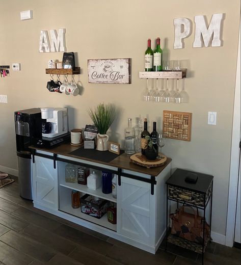 Coffee Alcohol Bar, Coffe And Wine Bar, Coffee Bar Ideas Kitchen Counter, Wine And Coffee Bar, Coffee/wine Bar, Bar For Home, Coin Bar, Wine Ideas, Alcohol Bar