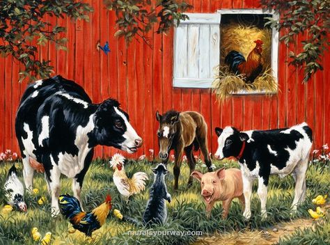 Old Macdonald's Farm 2 - Image View | Murals Your Way Farm Paintings, Farm Art, Barnyard Animals, Farm Scene, Hur Man Målar, Meeting New Friends, Arte Animal, Red Barn, Country Art