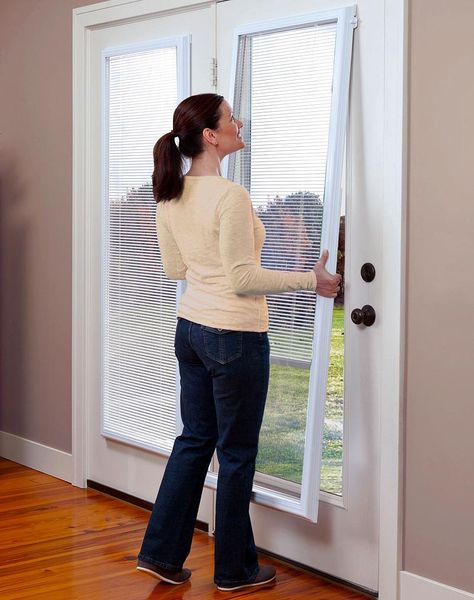 ODL Add-on Blinds for Doors  http://www.homedepot.com/p/ODL-22-in-w-x-64-in-h-Add-On-Enclosed-Aluminum-Blinds-White-Steel-Fiberglass-Doors-with-Raised-Frame-Around-Glass-BWM226401/100656620 Front Door Window Covering, French Door Window Treatments, Blinds For French Doors, Patio Door Coverings, French Door Windows, Door Treatments, Patio Door Blinds, Sliding Door Window Treatments, Door Window Covering