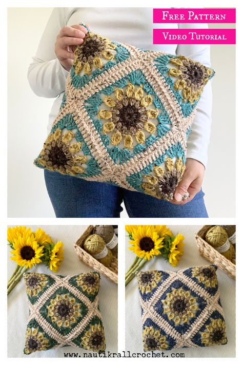 Sunflower Pillow Crochet, Crochet Pillow Case Pattern, Crochet Pillow Patterns Free, Crochet Pillow Cases, Sunflower Crochet, Sunflower Pillow, Crochet Pillow Pattern, Crochet Pillows, Crochet Sunflower