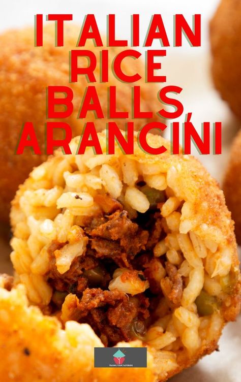 Italian Rice Balls, arancini. Easy to make rice balls, filled with homemade beef ragu, then coated in breadcrumbs and fried. Delicious appetizers, party food or supper recipe Italian Rice Balls With Meat Ground Beef, Sicilian Rice Balls Recipe, Rice Balls Italian, Arancini Recipe Italian, Italian Rice Balls Recipe, Italian Rice Balls, Rice Dishes Recipes, Arancini Recipe, Homemade Fried Chicken