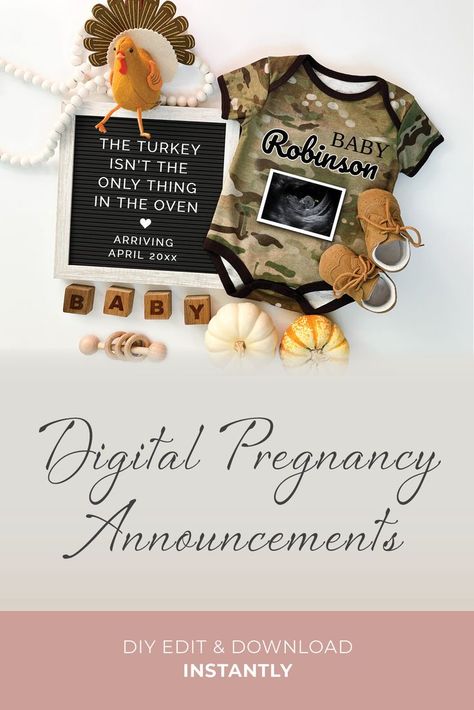 If you or your spouse is in the Military, then this is a perfect pregnancy announcement idea for you - fall or Thanksgiving. You can easily DIY edit (computer/mobile) and download instantly to share on social media. You can edit all the text and replace the ultrasound image with your own. Military Baby Announcement, Thanksgiving Military, Turkey In The Oven, Military Baby, The Military, Ultrasound, Pregnancy Announcement, Baby Announcement, The Oven