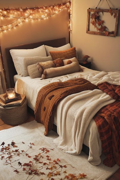 Autumn Dorm Room, Fall Cozy Bedroom Aesthetic, Autumn Room Aesthetic Cozy, Fall Room Makeover, Autumn Bedroom Decor Cozy, Cozy Fall Aesthetic Bedroom, Fall Bedroom Decorations, Fairy Apartment, Autumn Bedroom Aesthetic