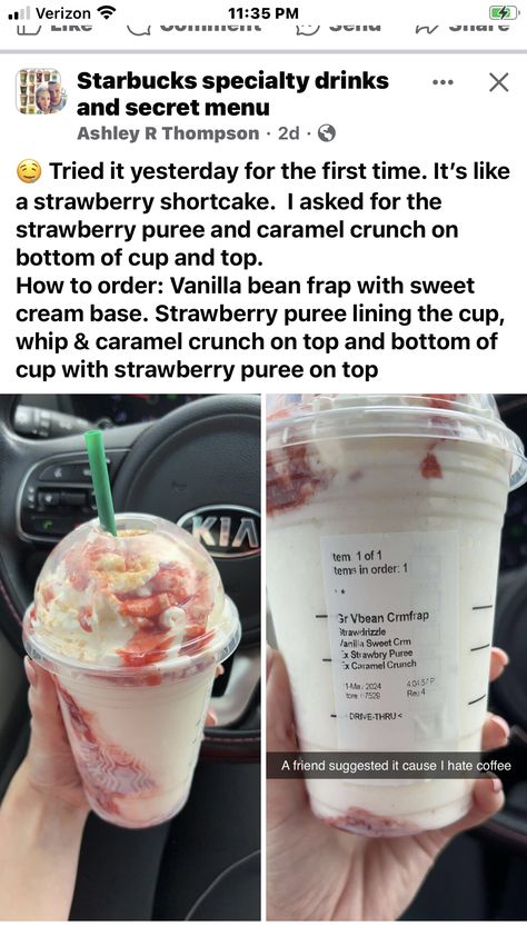 Vanilla Bean Frap, Starbucks Specialty Drinks, Caramel Crunch, Cream Base, Strawberry Puree, Secret Menu, Sweet Cream, The Cup, Strawberry Shortcake