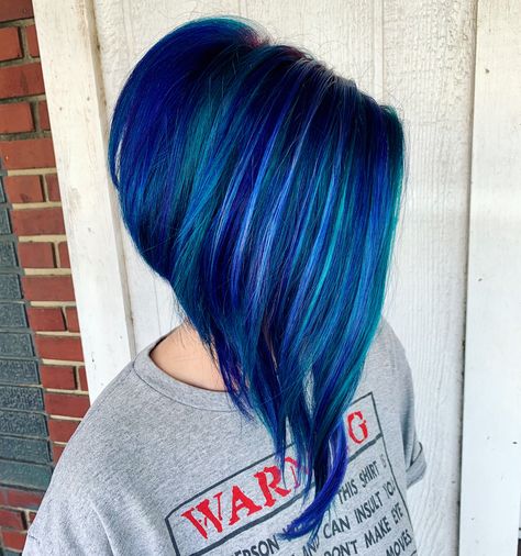 Purple Asymmetrical Bob, Extreme Bob Haircut, Medium Asymmetrical Hairstyles, Blue Bob Hair, Asymmetrical Bob Short Edgy, Bob Hair Color Ideas, Assymetrical Bob, Brunette Bob Haircut, Short Blue Hair