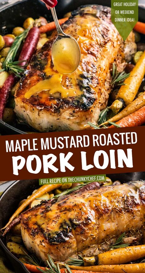 This Maple Mustard Roasted Pork Loin is SO moist and flavorful, you'll definitely want seconds!  A simple brine gives the pork such great flavor and texture.  Perfect for a holiday or weekend dinner! #porkloin #pork #roasted #brine #maple #mustard #holidaydinner #weekenddinner #easyrecipe Roasted Pork Loin, Pork Loin Recipe, Pork Loin Roast Recipes, Maple Mustard, Pork Loin Recipes, Weekend Dinner, Roasted Pork, Tenderloin Recipes, Pork Loin Roast