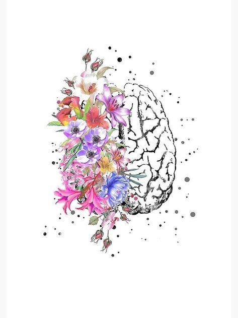 half-brain-half-flowers-colored-drawing-how-to-draw-a-rose-easy-white-background Brain With Flowers, Brain Flowers, Watercolor Brain, Brain Painting, Ako Kresliť, Cute Flower Drawing, Brain Drawing, Simple Flower Drawing, Brain Tattoo