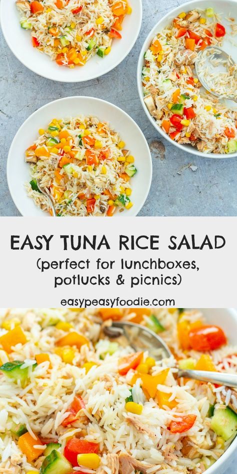 This Tuna Rice Salad is so simple to make, but tastes great. Perfect for a light lunch and works very well in a lunchbox, as part of a picnic or at buffet / potluck. Alternately, you could serve it with a green side salad and some crusty bread for a more substantial meal. #tunaricesalad #tunasalad #ricesalad #picnicrecipes #potluckrecipes #lunchboxrecipes #easymidweekmeals #glutenfree #dairyfree #easydinners #dinnertonight #dinnertonite #familydinners #familyfood #easypeasyfoodie Tuna Rice Salad Recipes, Tuna Rice Recipes, Tuna And Rice Recipes, Tuna Rice Salad, Tuna Salads, Rice Salads, Rice Meals, Tuna Rice, Week Meals