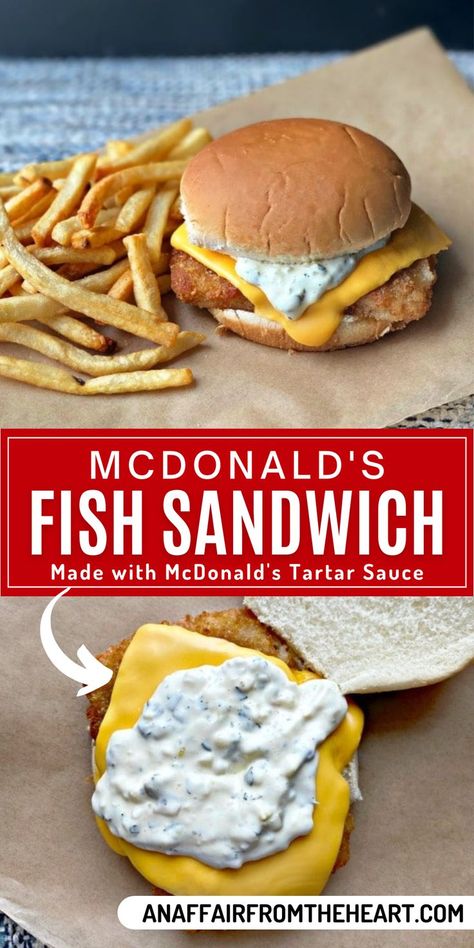 Copy Cat McDonald's Fish Sandwich with tartar sauce and french fries on brown paper. Mcdonalds Fish Sandwich Recipe, Cat Mcdonald, Filet O Fish Recipe, Best Tartar Sauce, Fish Fillet Sandwich, Fish Sandwich Recipes, Mcdonalds Recipes, Fish Filet, Fish Sandwiches