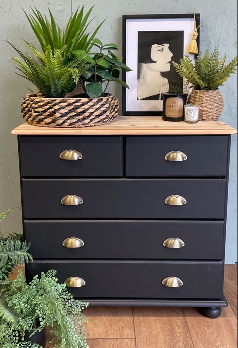 Redone Dressers Diy, Pine Dresser Makeover, Redone Dressers, Wood Dresser Diy, Dressers Diy, Drawer Makeover, Drawers Makeover, Chest Of Drawers Makeover, Black Painted Furniture