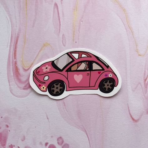 Retro Barbie, Barbie Car, Beetle Car, Drawn Flowers, Journal Sticker, Pink Barbie, Hand Drawn Flowers, Creative Hobbies, Cute Cars