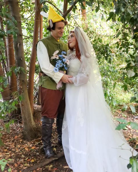 I wish it would never end 🍃❤️🦊 Part 4 of my Disney Wedding dress series ✨👰🏼‍♀️✨ Maid Marian and Robin Hood 💕 with my fiancée @ryanmyers007 I was so excited to recreate this wedding scene from Robin Hood! As always you can see more in depth of making this series on my TikTok ! Only one more wedding dress to go before I reveal my real wedding dress!! ✨ 📸: @critiquegeek Disney Wedding Dress, Robin Hood Disney, Maid Marian, Disney Wedding Dresses, Wedding Scene, Disney Cosplay, Disney Couples, Always You, Disney Wedding