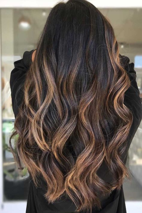 Toasted Toffee #brunette #blackhair #highlights ❤ Do you know how awesomely you can pull off black hair with highlights today? Let us share with you the latest ideas! Caramel and chocolate shades, silver hues, purple vibes, burgundy tastes, blonde hints, and lots of cool ideas for dark bases are here! ❤ #lovehairstyles #hair #hairstyles #haircuts Long Black Hair With Balayage, Dark Hair With Ribbon Highlights, Hair Color Ideas For Virgin Black Hair, Thick Caramel Highlights On Dark Hair, Trendy Hair Dye Ideas For Black Hair, Dark Hair Foilyage, Black Hair With Foils, Black Base Hair With Highlights, Black Hair Warm Highlights