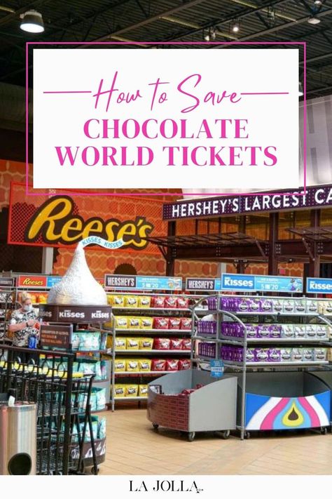 A store aisle filled with various Hershey’s products, including Reese’s, Kisses, and other chocolate varieties, inside Chocolate World. Hersheys Chocolate, Hershey's Chocolate, Chocolate World, Things To Do At Home, Hershey Chocolate, Hershey Kisses, Save For Later, Ways To Save, Money Saving Tips