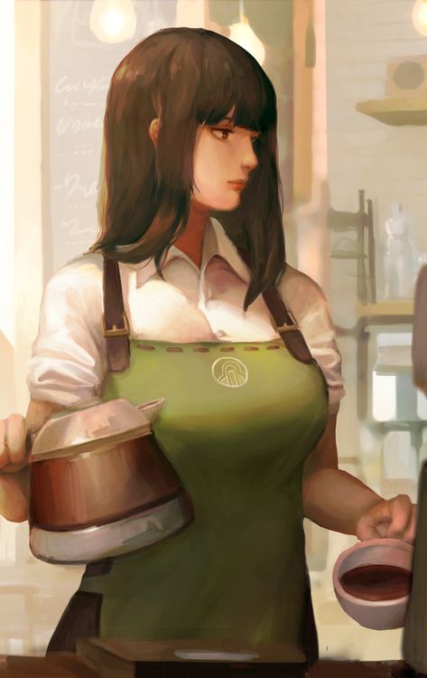 Apron Barista, Black Eyes Black Hair, Female Chef, Girl With Brown Hair, Eyes Black, Woman Illustration, Cafe Coffee, X Reader, Female Character Design